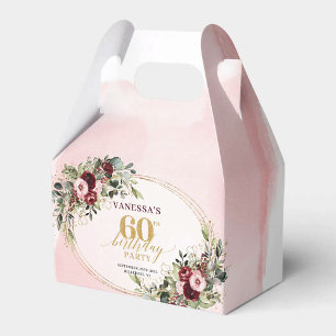 Elegant Boho Burgundy Gold Floral 60th Favour Box
