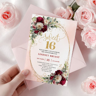 Elegant Boho Burgundy Gold Floral Sweet Sixteen  Invitation