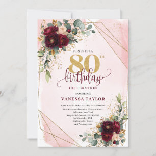 Elegant Boho Burgundy Gold Roses 80th Birthday  Invitation