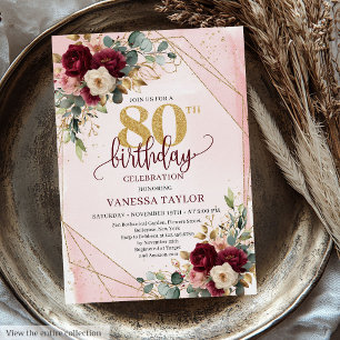 Elegant boho burgundy gold roses 80th birthday  invitation