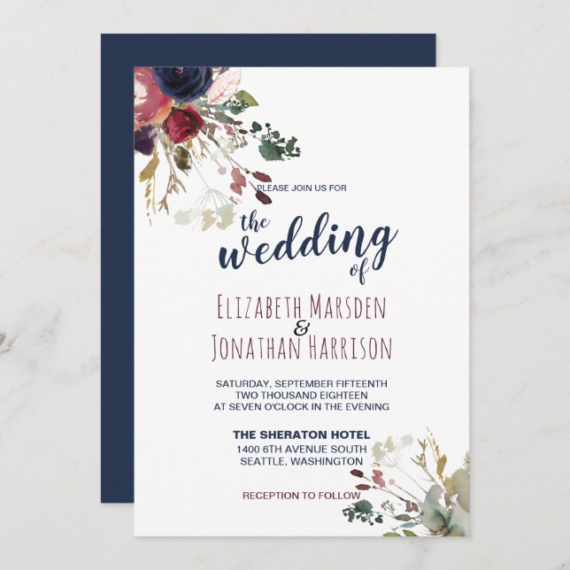 Elegant Boho Burgundy Navy Blue Floral Wedding Invitation (Front/Back)