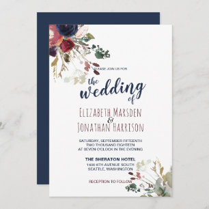 Elegant Boho Burgundy Navy Blue Floral Wedding Invitation