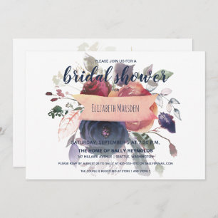 Elegant Boho Burgundy Navy Floral Bridal Shower Invitation