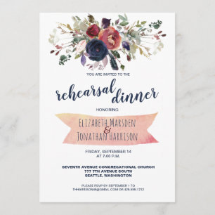 Elegant Boho Burgundy Navy Floral Rehearsal Dinner Invitation