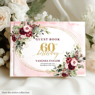 Elegant Boho Burgundy Roses Gold 60th Birthday  Guest Book