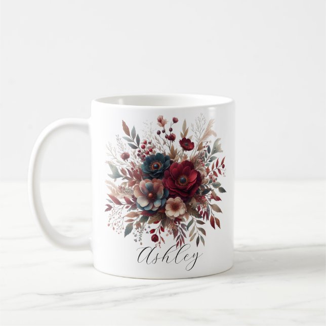  Elegant Boho Burgundy Rustic Blue and Red Pattern Coffee Mug (Left)