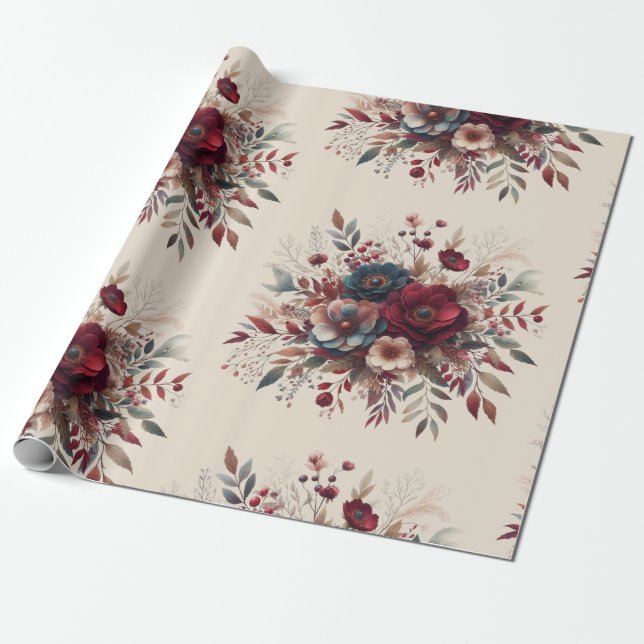  Elegant Boho Burgundy Rustic Blue and Red Pattern Wrapping Paper (Unrolled)