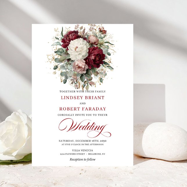 Elegant Boho Burgundy White Floral Gold Wedding  Invitation (Elegant Boho Burgundy White Floral Gold Wedding Invitation)