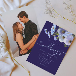 Elegant Boho Chic Floral Blue Photo Wedding Invitation