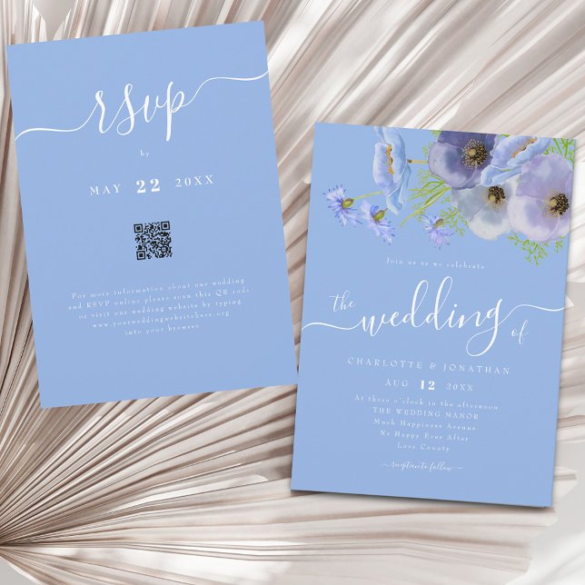 Elegant Boho Chic Floral Blue Wedding QR Code Invitation (Elegant whimsical script watercolor wildflower floral bouquet blue wedding qr code invitation )