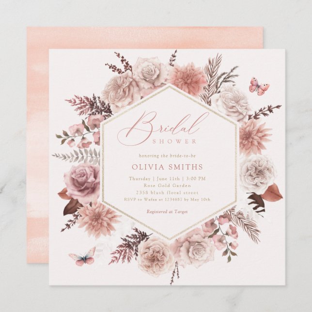 Elegant Boho Chic Watercolor Floral Bridal Shower  Invitation (Front/Back)