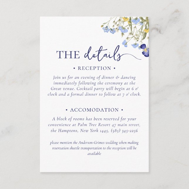 Elegant boho chic wildflower Wedding accomodation Enclosure Card (Front)