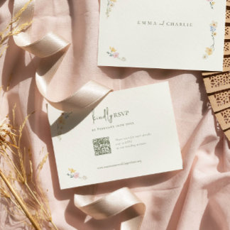 Elegant Boho Chic Wildflowers Wedding QR code RSVP Card