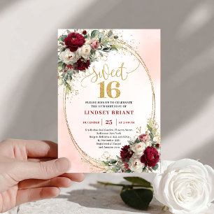 Elegant Boho Dark Red Gold Floral Sweet Sixteen  Invitation