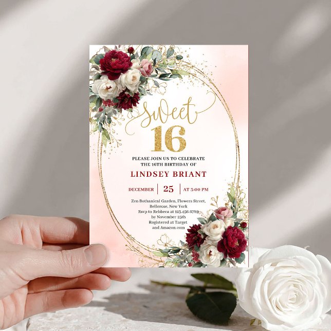Elegant Boho Dark Red Gold Floral Sweet Sixteen  Invitation (Elegant Boho Dark Red Gold Floral Sweet Sixteen Invite)