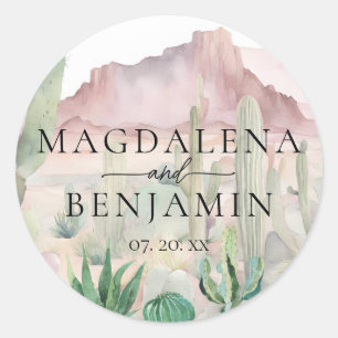 Elegant Boho Desert Landscape Cactus Wedding Classic Round Sticker