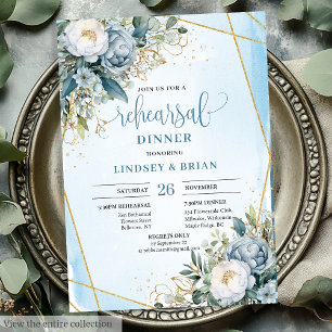 Elegant Boho Dusty Blue Eucalyptus Gold Rehearsal Invitation