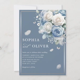 Elegant Boho Dusty Blue Floral Elegant Wedding  Invitation