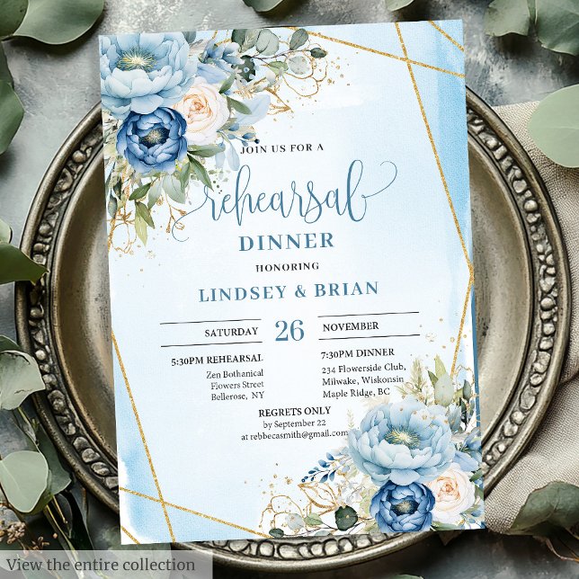 Elegant Boho Dusty Blue Floral Gold Rehearsal Invitation (Elegant Dusty Blue Floral Gold Rehearsal Invitation)