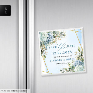 Elegant Boho Dusty Blue Floral Gold Save The Date Magnet