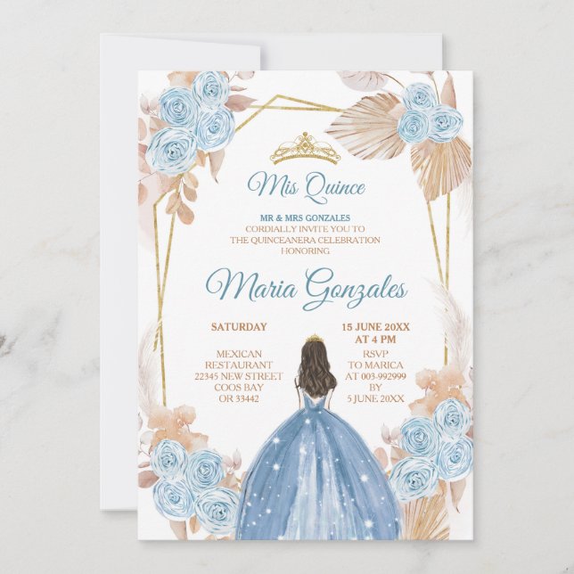 Elegant Boho Dusty Blue Floral Princess Sweet 15th Invitation (Front)