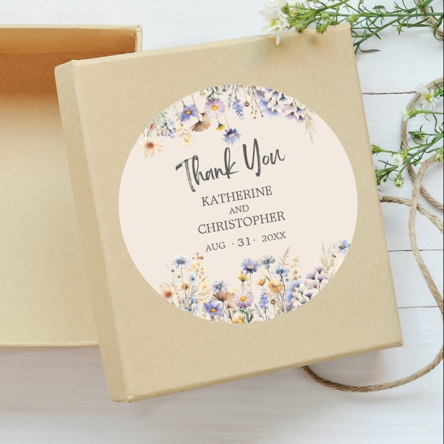 Elegant BOHO Dusty Blue Floral Wedding Thank You Classic Round Sticker (BOHO Wildflower Thank You Wedding Sticker with light blue and yellow wildflowers, wedding details.)