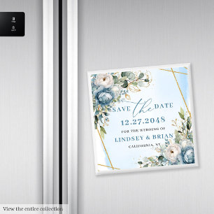 Elegant Boho Dusty Blue Peony Floral Save the Date Magnet