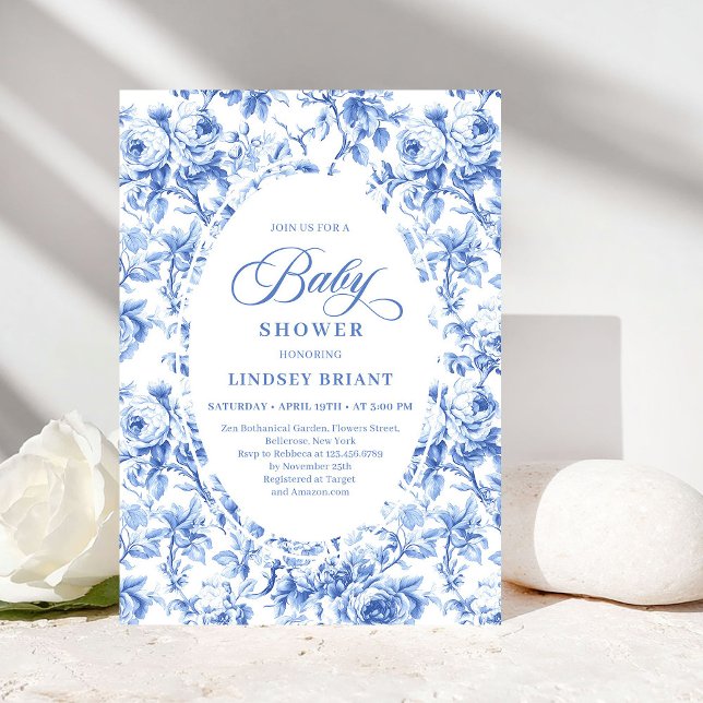 Elegant Boho Dusty Blue Toile de Jouy Baby Shower Invitation (Elegant Dusty Blue Toile de Jouy Baby Shower Invite)