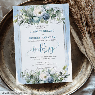 Elegant Boho Dusty Blue White Silver Peonies Roses Invitation