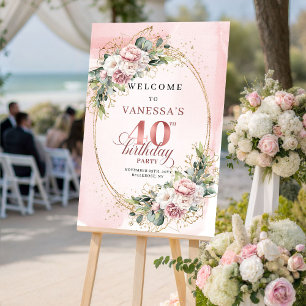 Elegant Boho Dusty Pink Greenery 40th Birthday   Poster