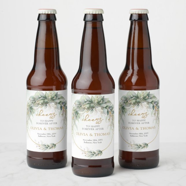Elegant boho eucalyptus greenery gold frame beer bottle label (Bottles)