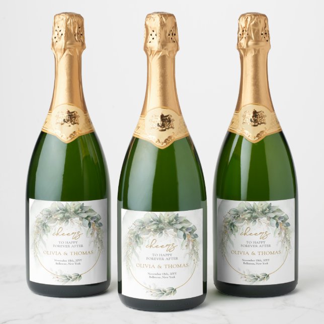 Elegant boho eucalyptus greenery gold frame sparkling wine label (Bottles)
