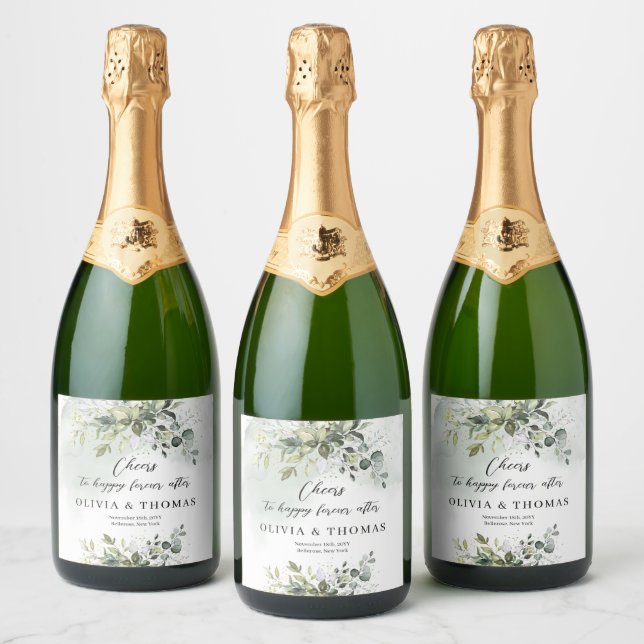 Elegant boho eucalyptus greenery gold frame sparkling wine label (Bottles)