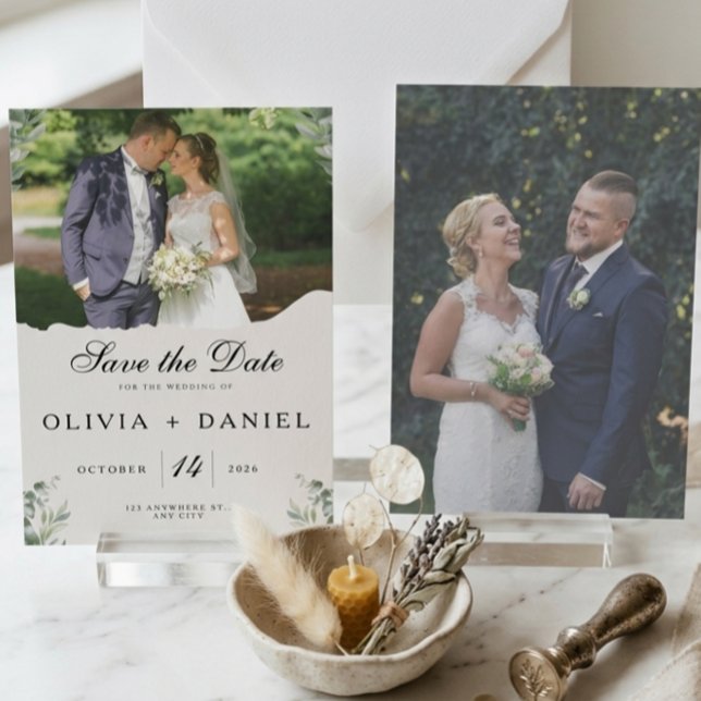 Elegant Boho Eucalyptus Leaves Photo Wedding Save The Date (Creator Uploaded)