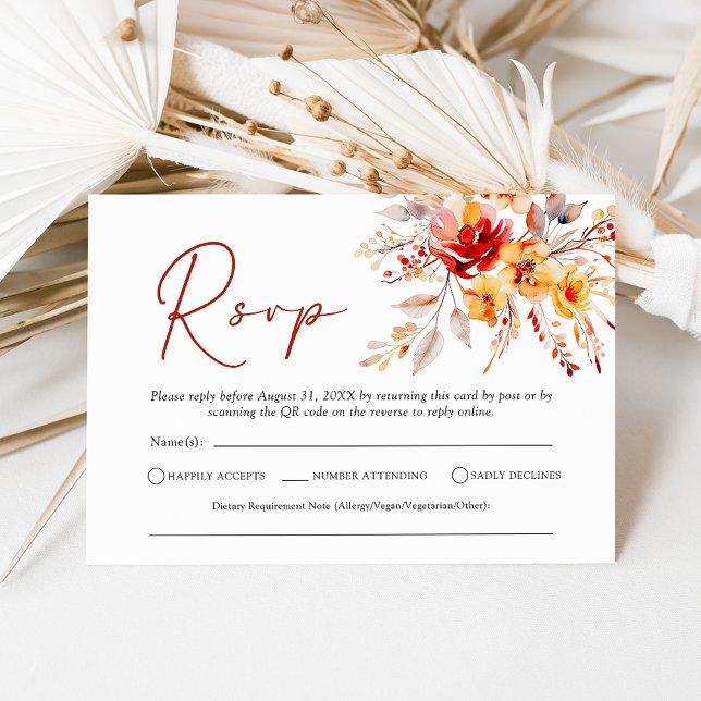 Elegant Boho Fall Floral QR Code Wedding RSVP Card (Elegant rustic fall floral wedding RSVP card with QR code on reverse)