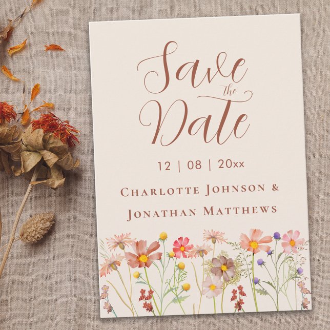 Elegant Boho Fall Wildflower Terracotta Wedding Save The Date (Boho chic Wildflower meadow fall floral tan beige Wedding save the date card elegant script )