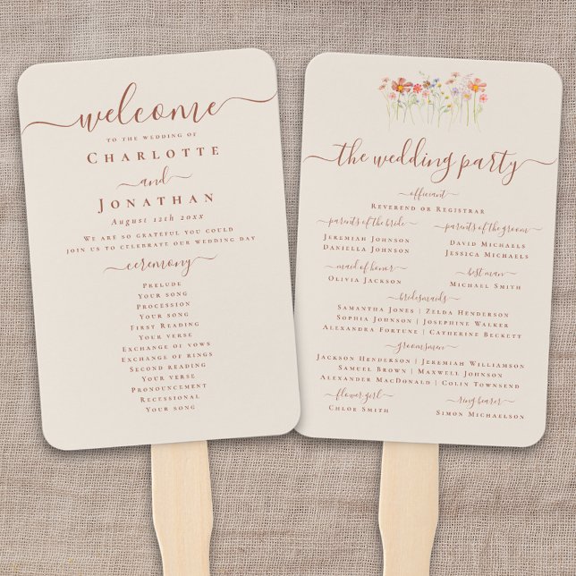 Elegant Boho Fall Wildflower Wedding Ceremony Hand Fan (Boho fall Wildflower meadow garden floral BEIGE TAN TERRACOTTA RUST SCRIPT Wedding ceremony program )