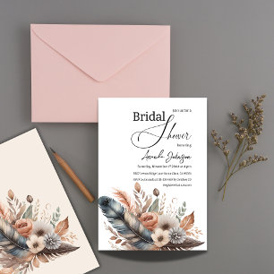 Elegant Boho Feather Floral Bridal Shower Invitation