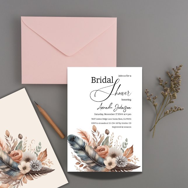 Elegant Boho Feather Floral Bridal Shower Invitation (Creator Uploaded)