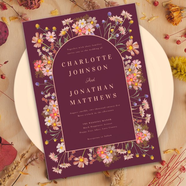 Elegant Boho Floral Arch Burgundy Fall Wedding Invitation (Boho chic wildflower arch burgundy burnt orange fall wedding invitation )