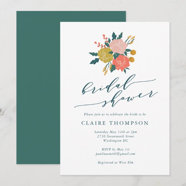 Elegant Boho Floral Art Simple Bridal Shower Invitation (Front/Back)