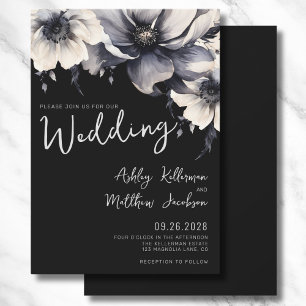 Elegant Boho Floral Black Wedding Invitation