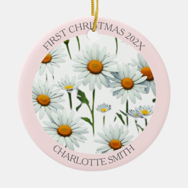 Elegant Boho Floral Blush Pink First Christmas Ceramic Ornament (Front)