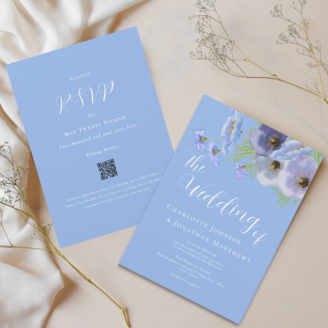 Elegant Boho Floral Bouquet Blue Wedding Qr Code Invitation (Elegant wildflower bouquet watercolor blue floral wedding qr code invitation)