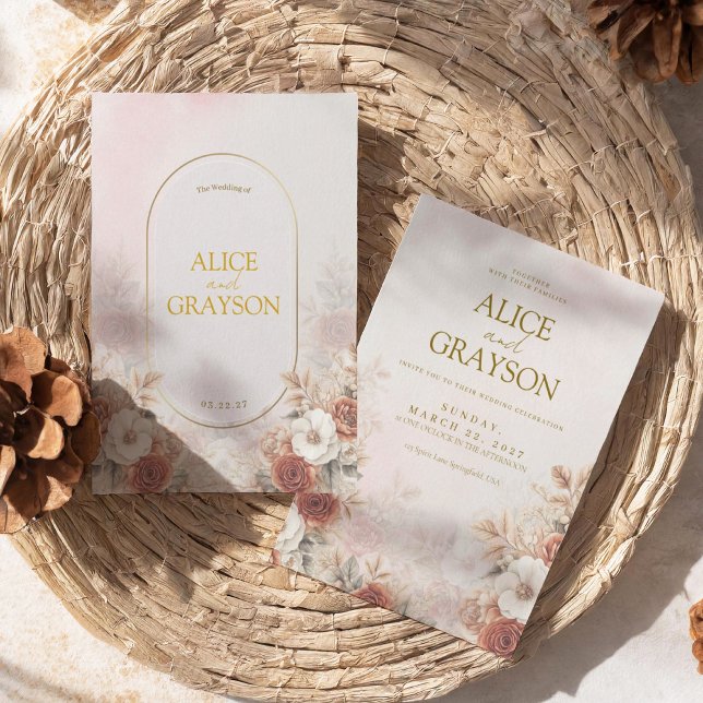 Elegant Boho Floral Cream Pink Modern Wedding Invitation (Creator Uploaded)