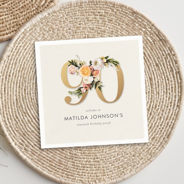 Elegant Boho Floral Gold Foil 90th Birthday Napkin (Elegant Boho Floral Gold Foil 90th Birthday Napkins)