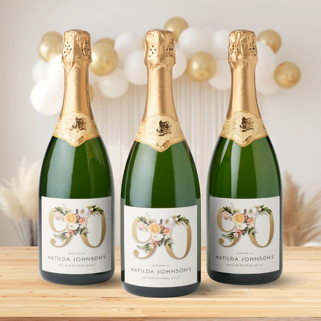 Elegant Boho Floral Gold Foil 90th Birthday Sparkling Wine Label (Elegant Boho Floral Gold Foil 90th Birthday Sparkling Wine Label)