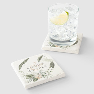 Elegant Boho Floral Greenery Wedding Stone Coaster