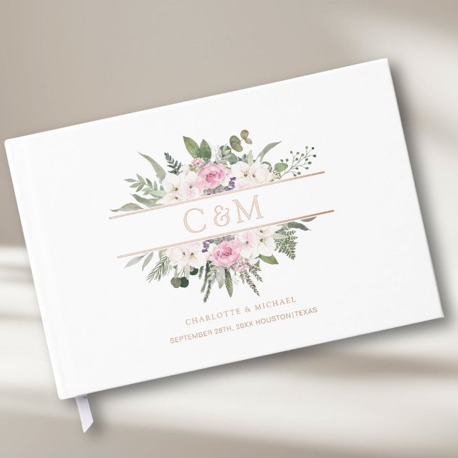 Elegant Boho Floral  Guest Book (Customer-specific, Monogram, Wedding Foil Guest Book, available in rose-gold, gold and silver foil. )