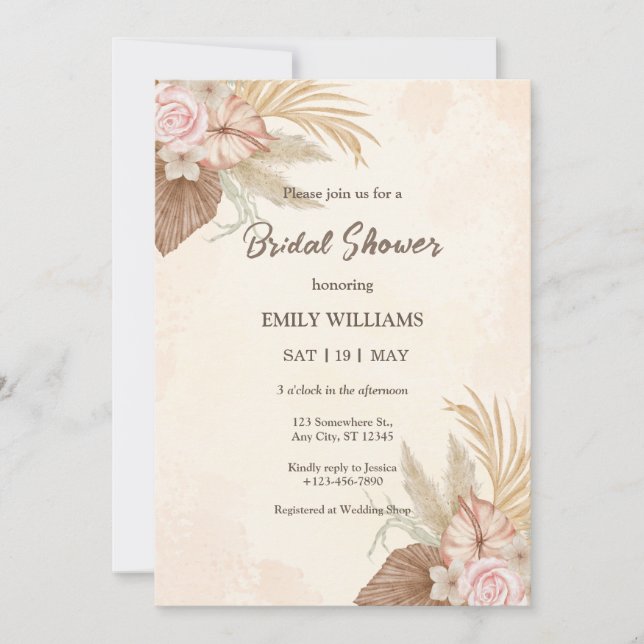 Elegant Boho Floral Pampas Grass Bridal Shower Invitation (Front)